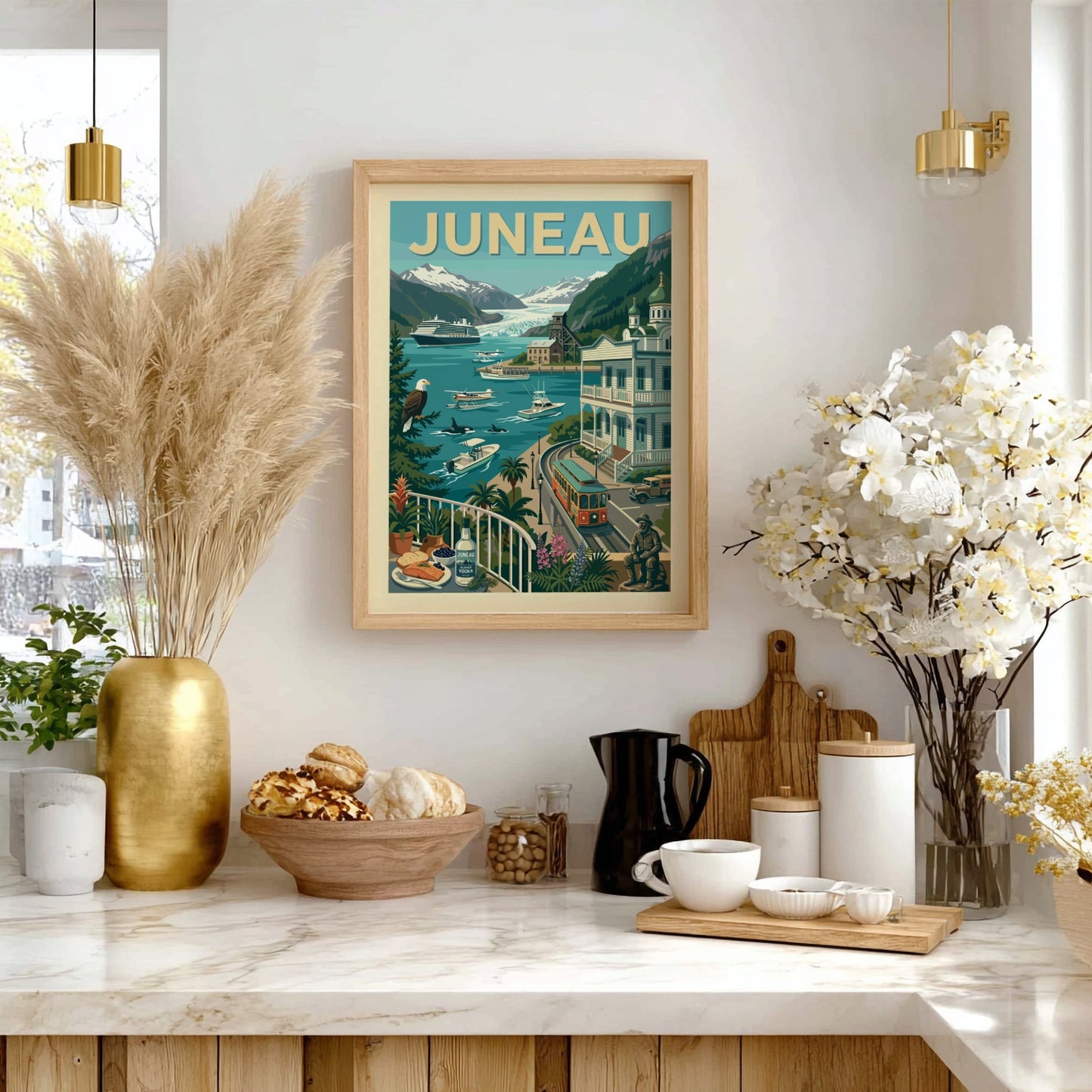 Vintage Juneau travel poster with cruise ship, mountains, and wildlife in a retro art style.