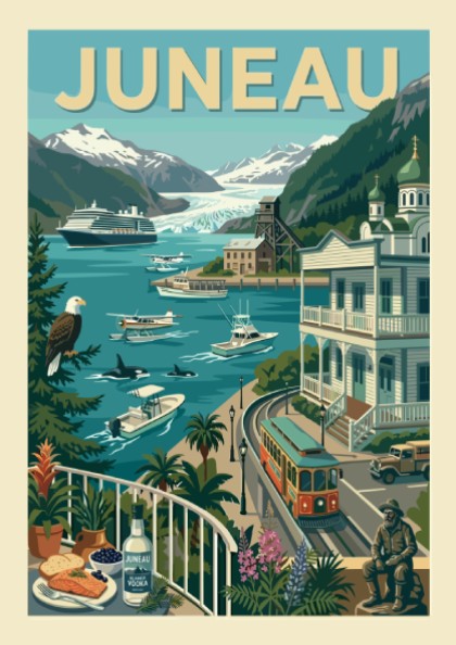 Vintage Juneau travel poster with cruise ship, mountains, and wildlife in a retro art style.