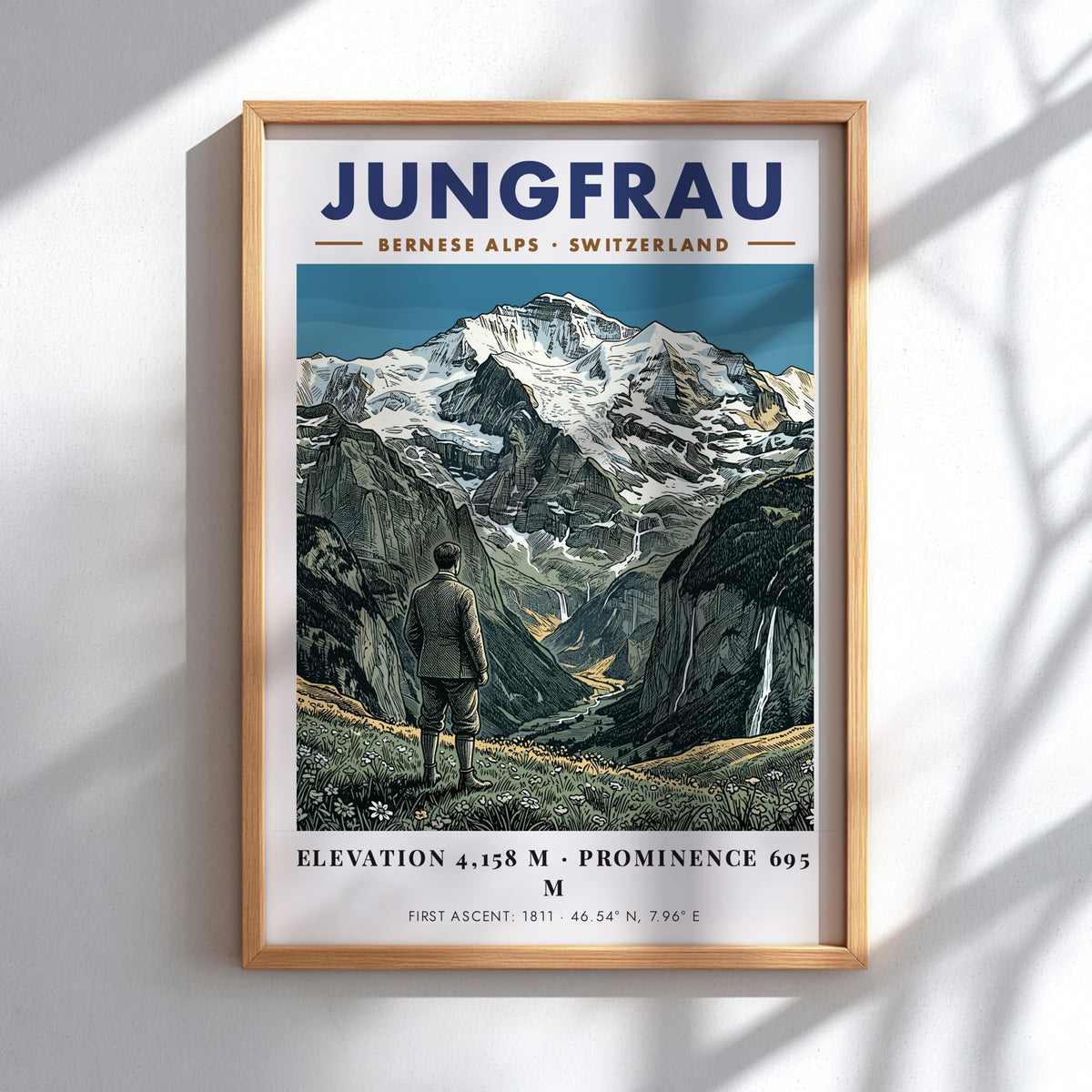 Poster of the Jungfrau mountain in the Bernese Alps with a hiker view.