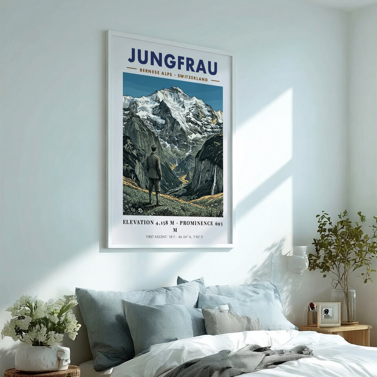 Poster of the Jungfrau mountain in the Bernese Alps with a hiker view.