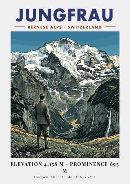 Poster of the Jungfrau mountain in the Bernese Alps with a hiker view.