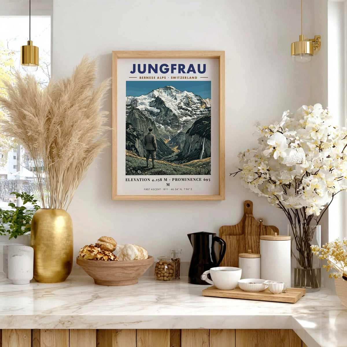 Poster of the Jungfrau mountain in the Bernese Alps with a hiker view.