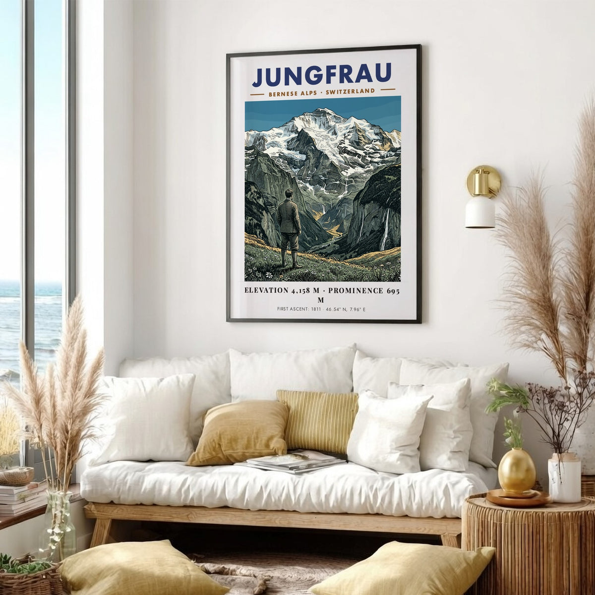 Poster of the Jungfrau mountain in the Bernese Alps with a hiker view.