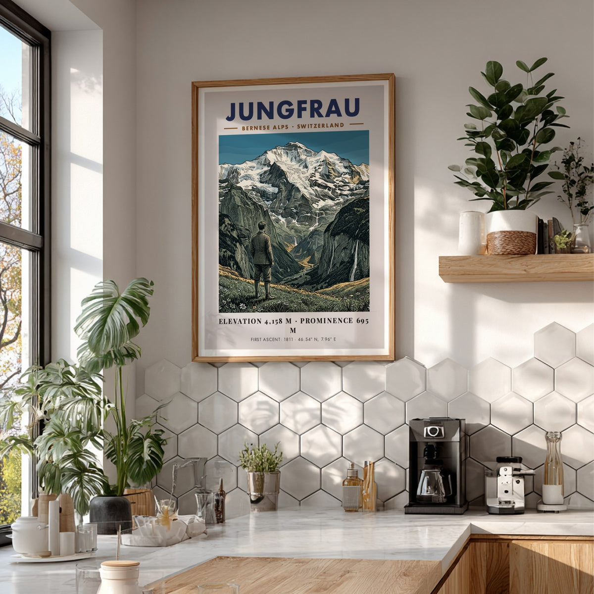 Poster of the Jungfrau mountain in the Bernese Alps with a hiker view.