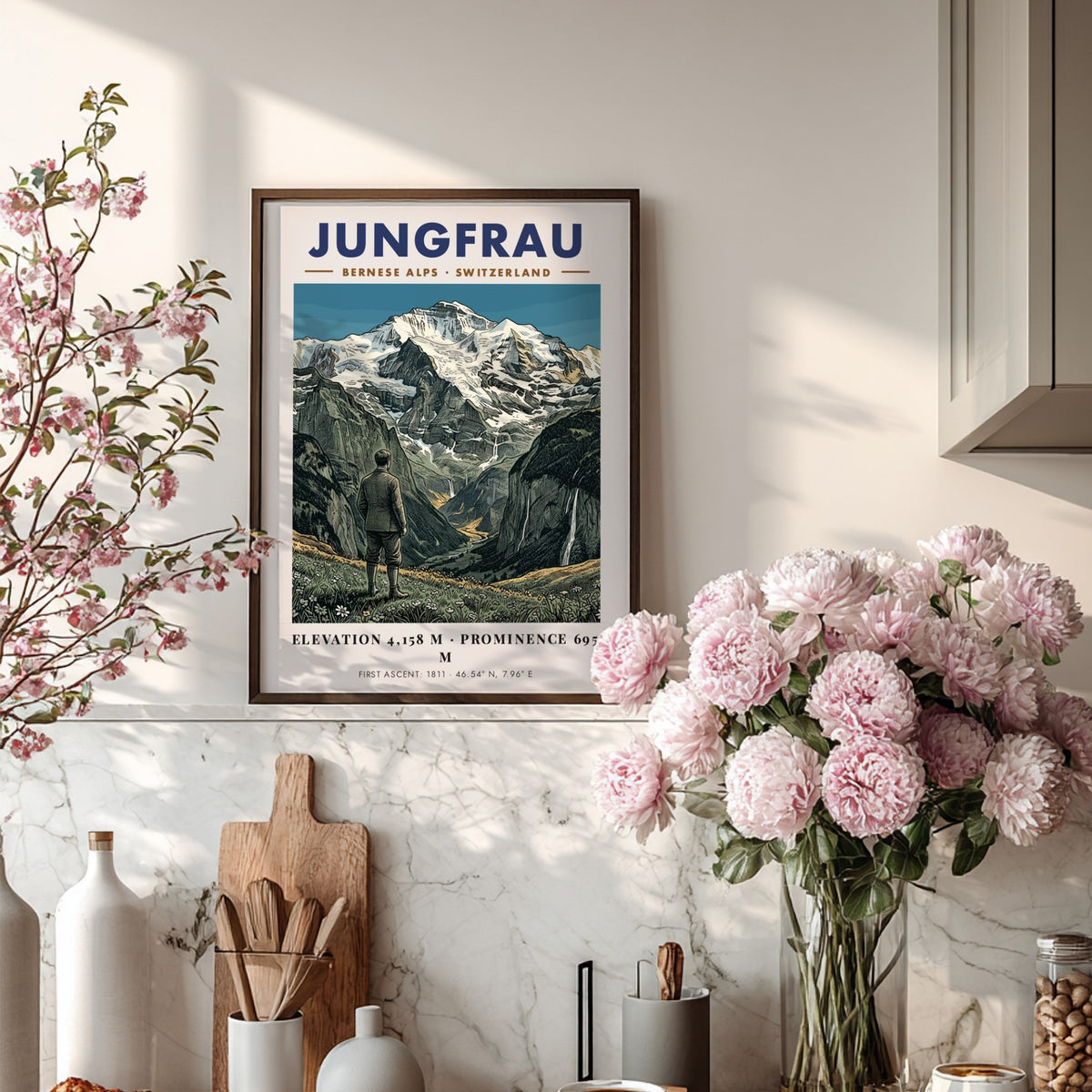 Poster of the Jungfrau mountain in the Bernese Alps with a hiker view.
