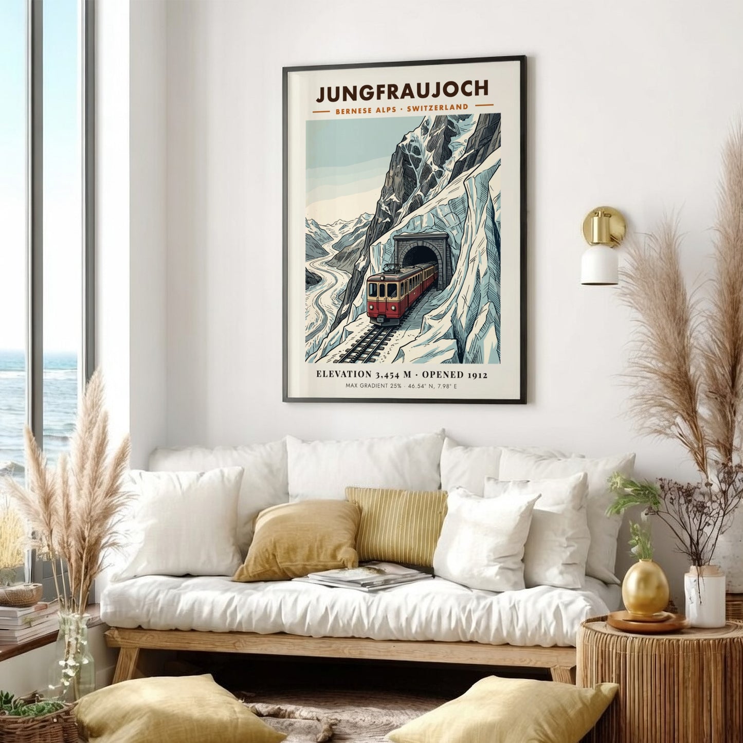 Poster of a red train emerging from a mountain tunnel in the Alps
