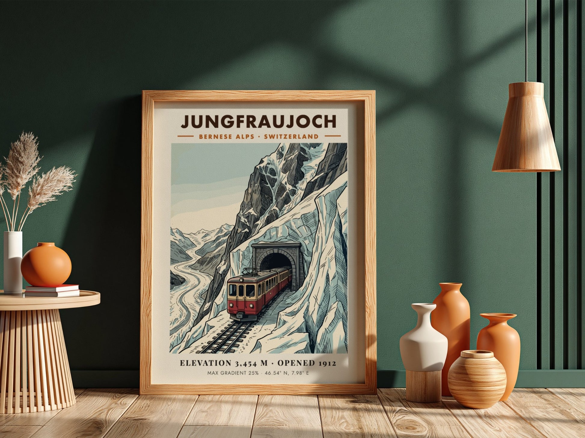 Poster of a red train emerging from a mountain tunnel in the Alps