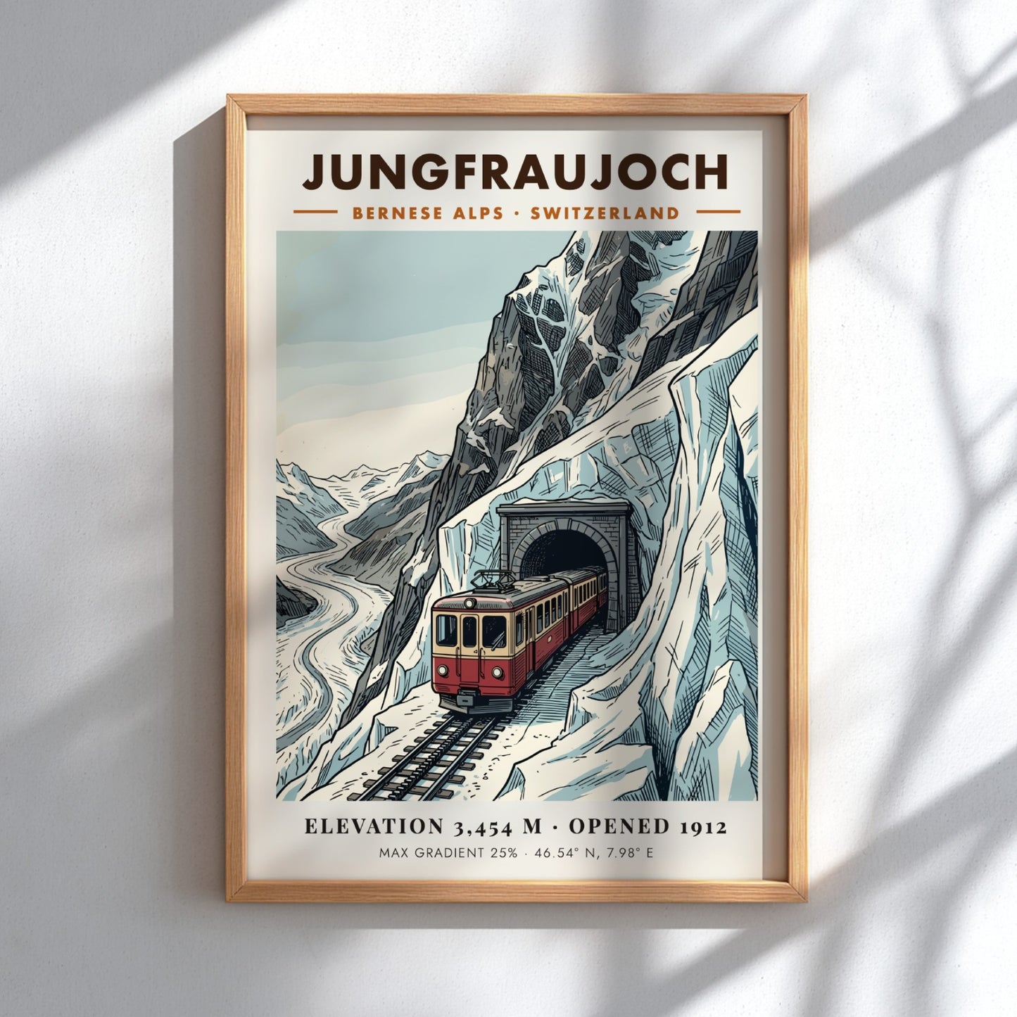 Poster of a red train emerging from a mountain tunnel in the Alps