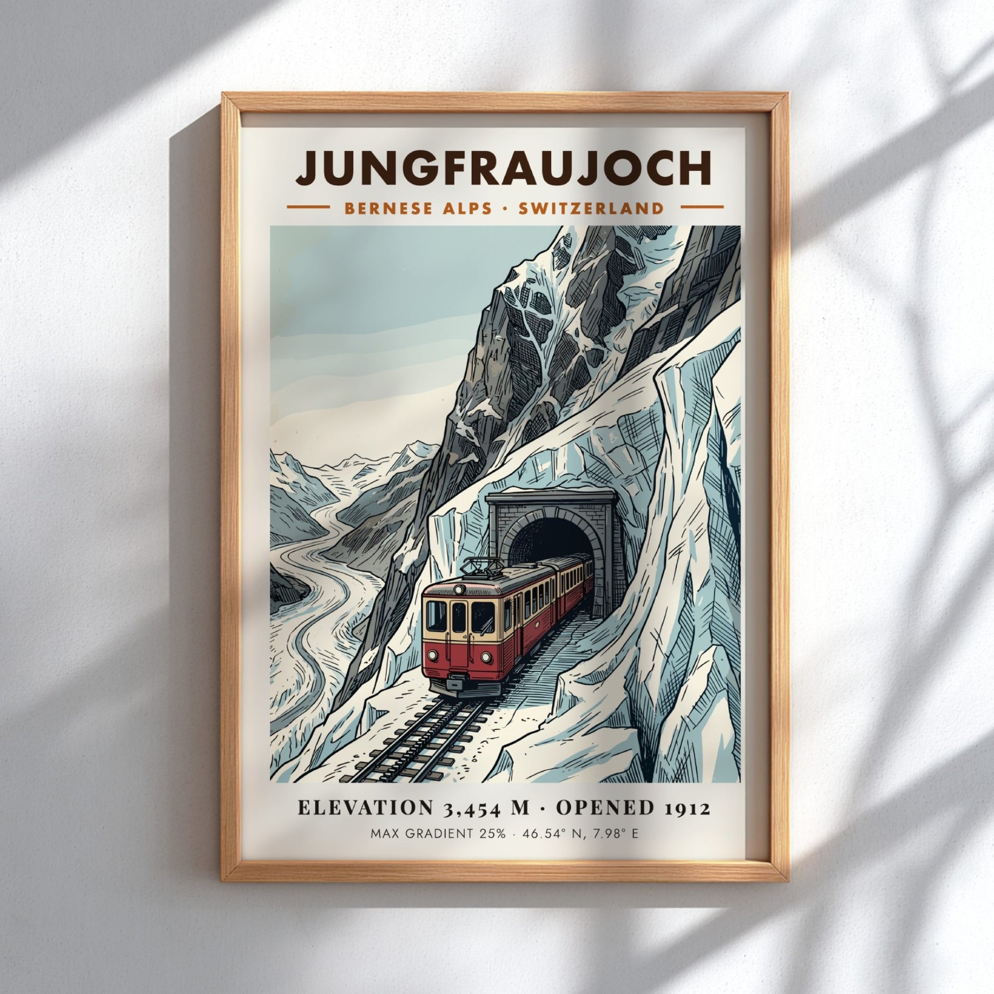 Poster of a red train emerging from a mountain tunnel in the Alps