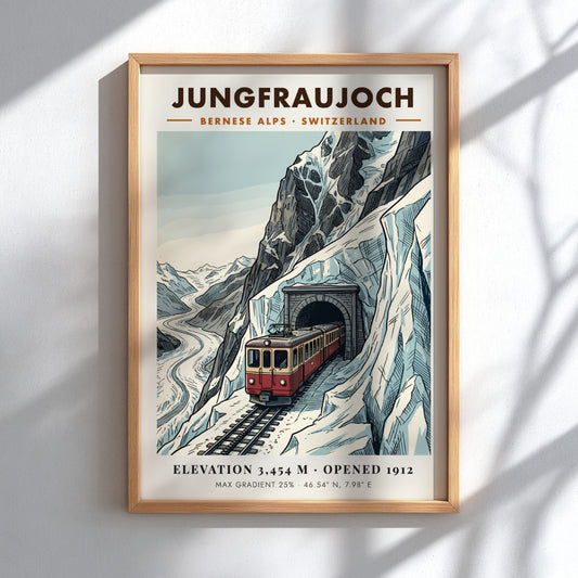 Poster of a red train emerging from a mountain tunnel in the Alps