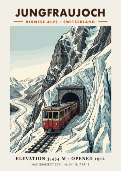 Poster of a red train emerging from a mountain tunnel in the Alps