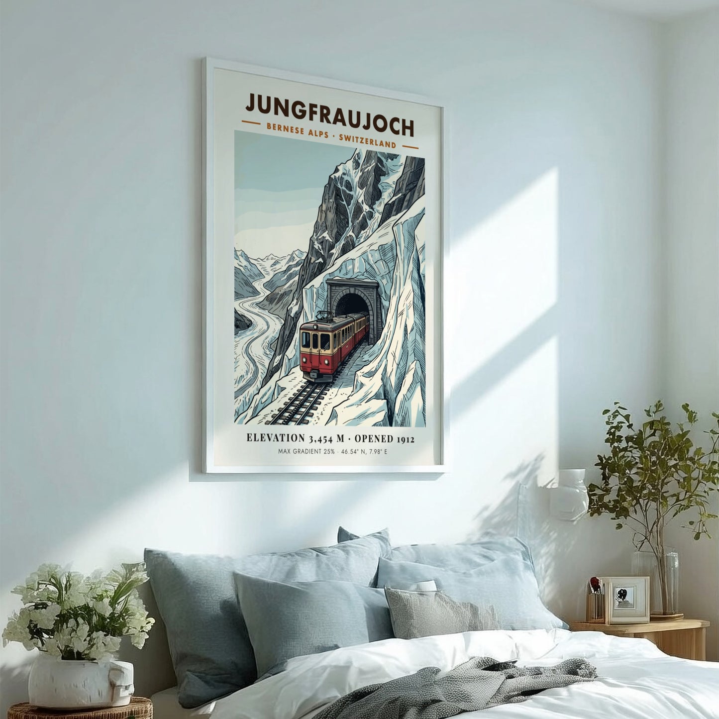 Poster of a red train emerging from a mountain tunnel in the Alps