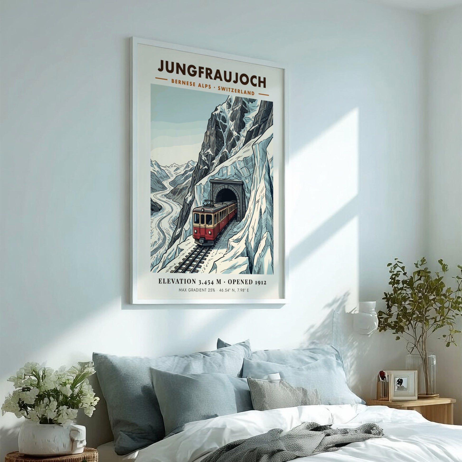 Poster of a red train emerging from a mountain tunnel in the Alps