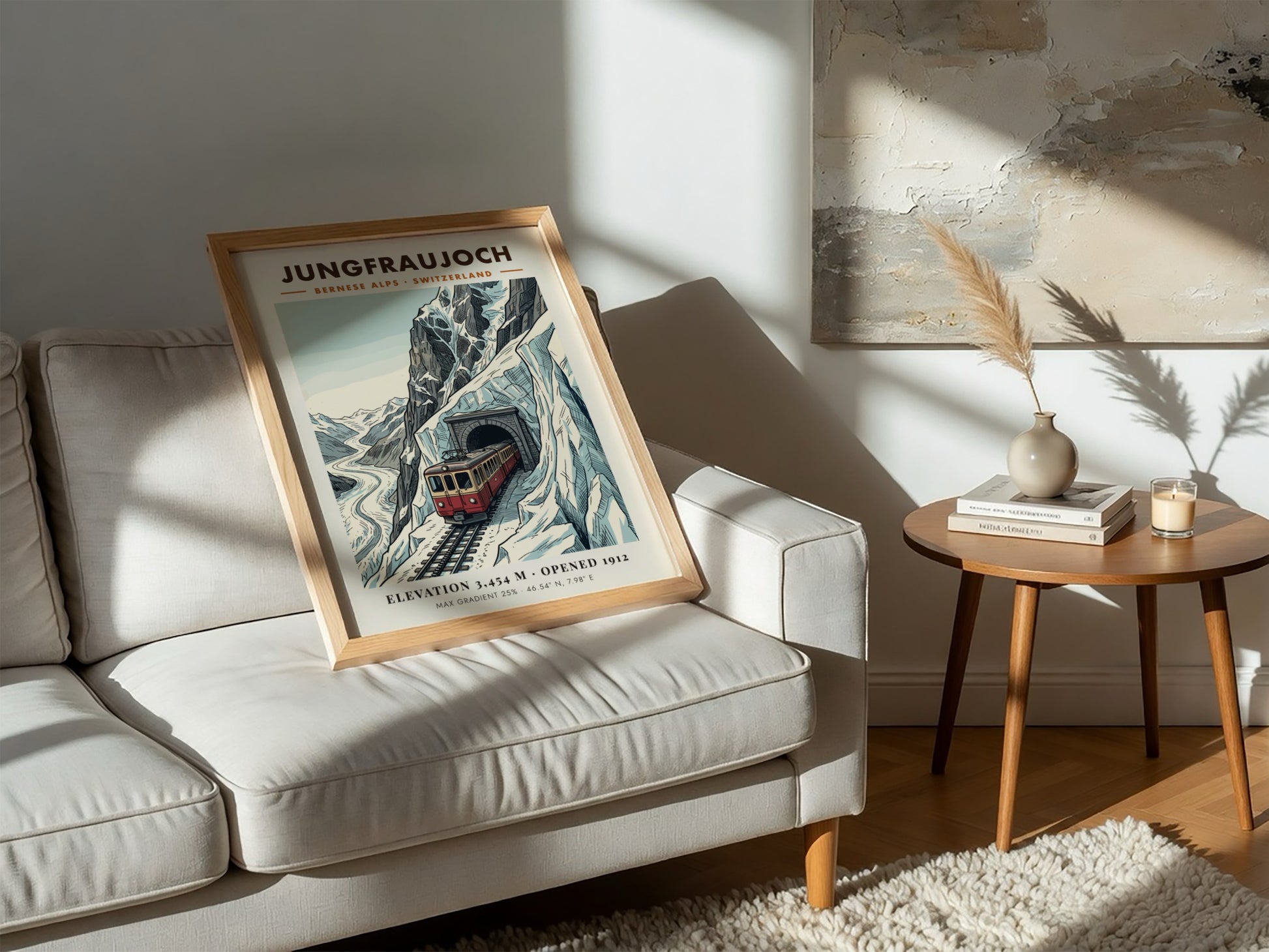 Poster of a red train emerging from a mountain tunnel in the Alps