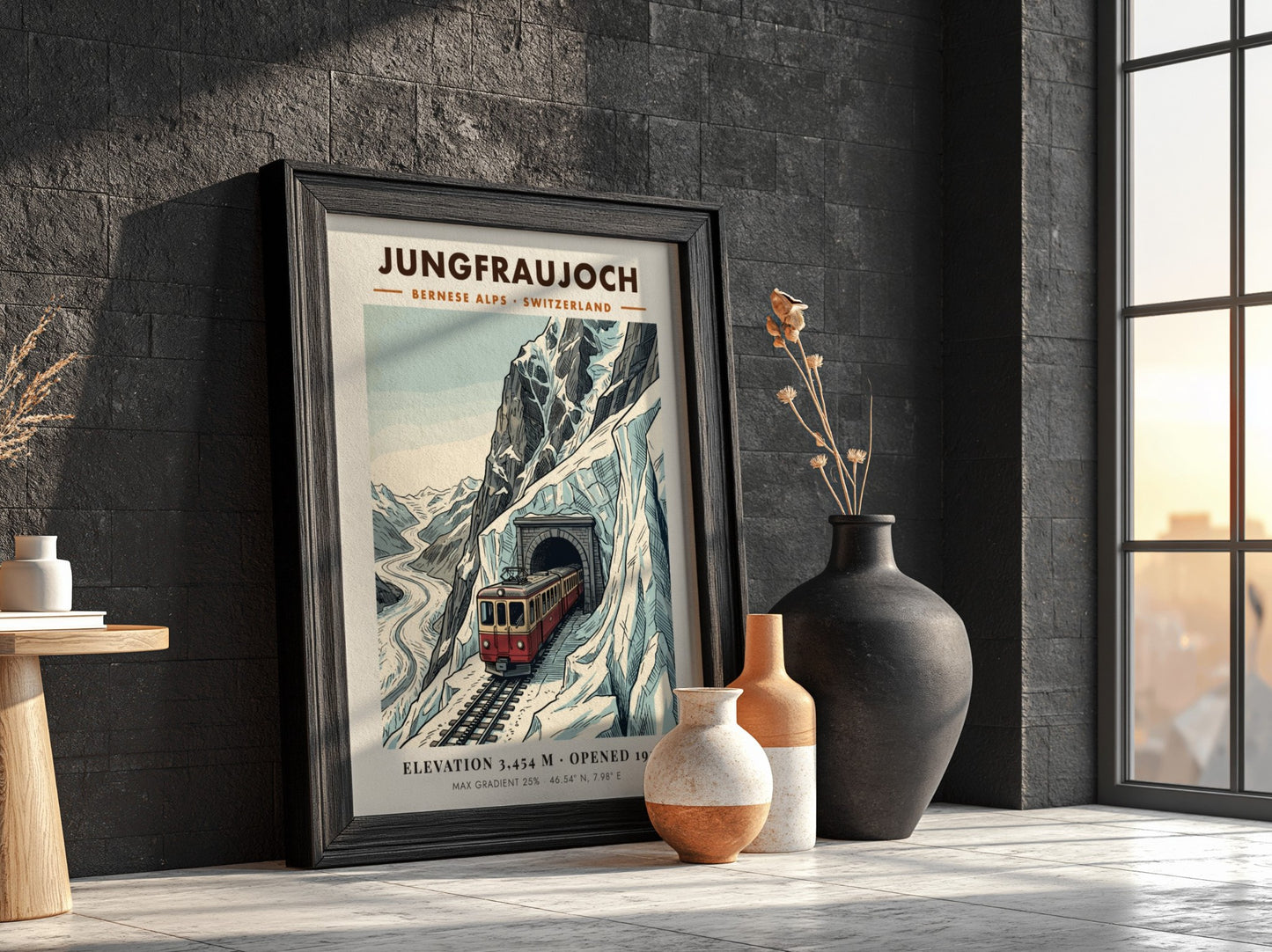 Poster of a red train emerging from a mountain tunnel in the Alps