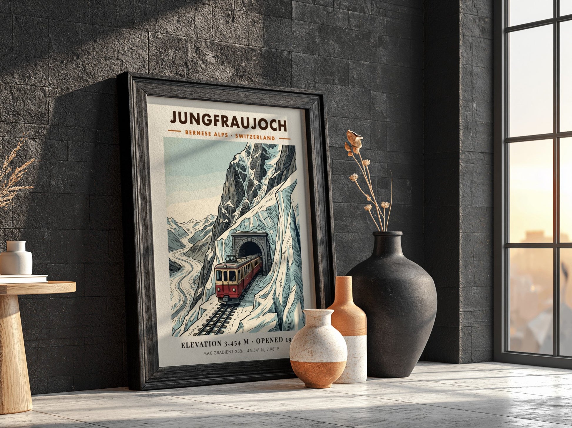 Poster of a red train emerging from a mountain tunnel in the Alps