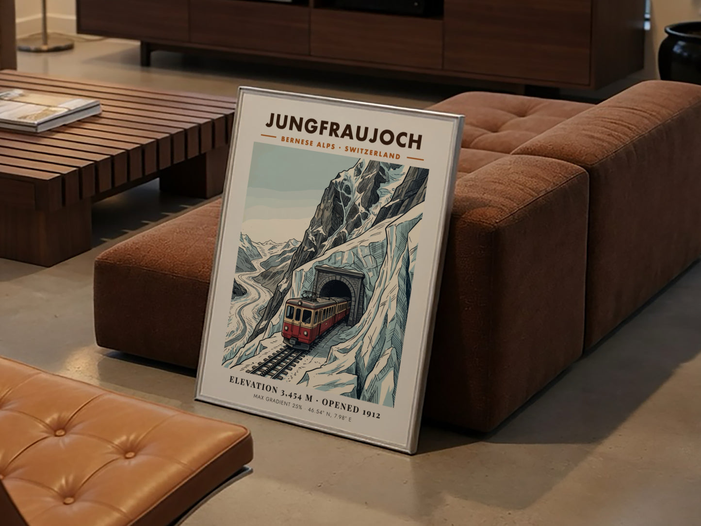 Poster of a red train emerging from a mountain tunnel in the Alps