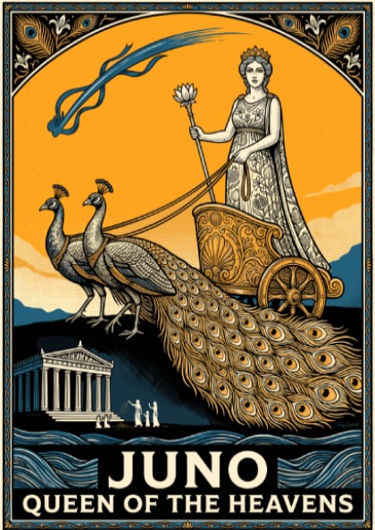 Poster featuring Juno as Queen of the Heavens riding a peacock chariot art style