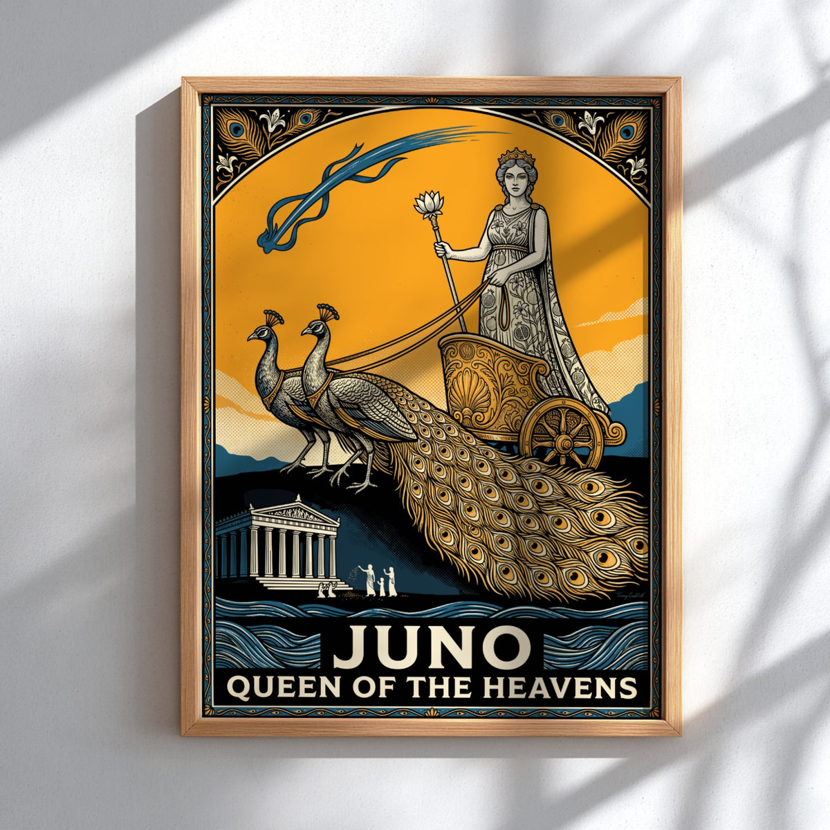 Poster featuring Juno as Queen of the Heavens riding a peacock chariot art style