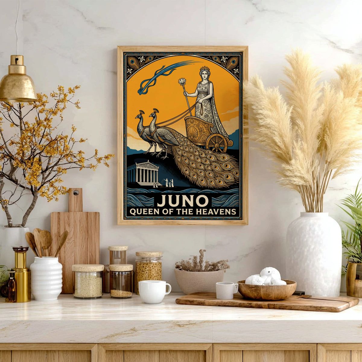 Poster featuring Juno as Queen of the Heavens riding a peacock chariot art style