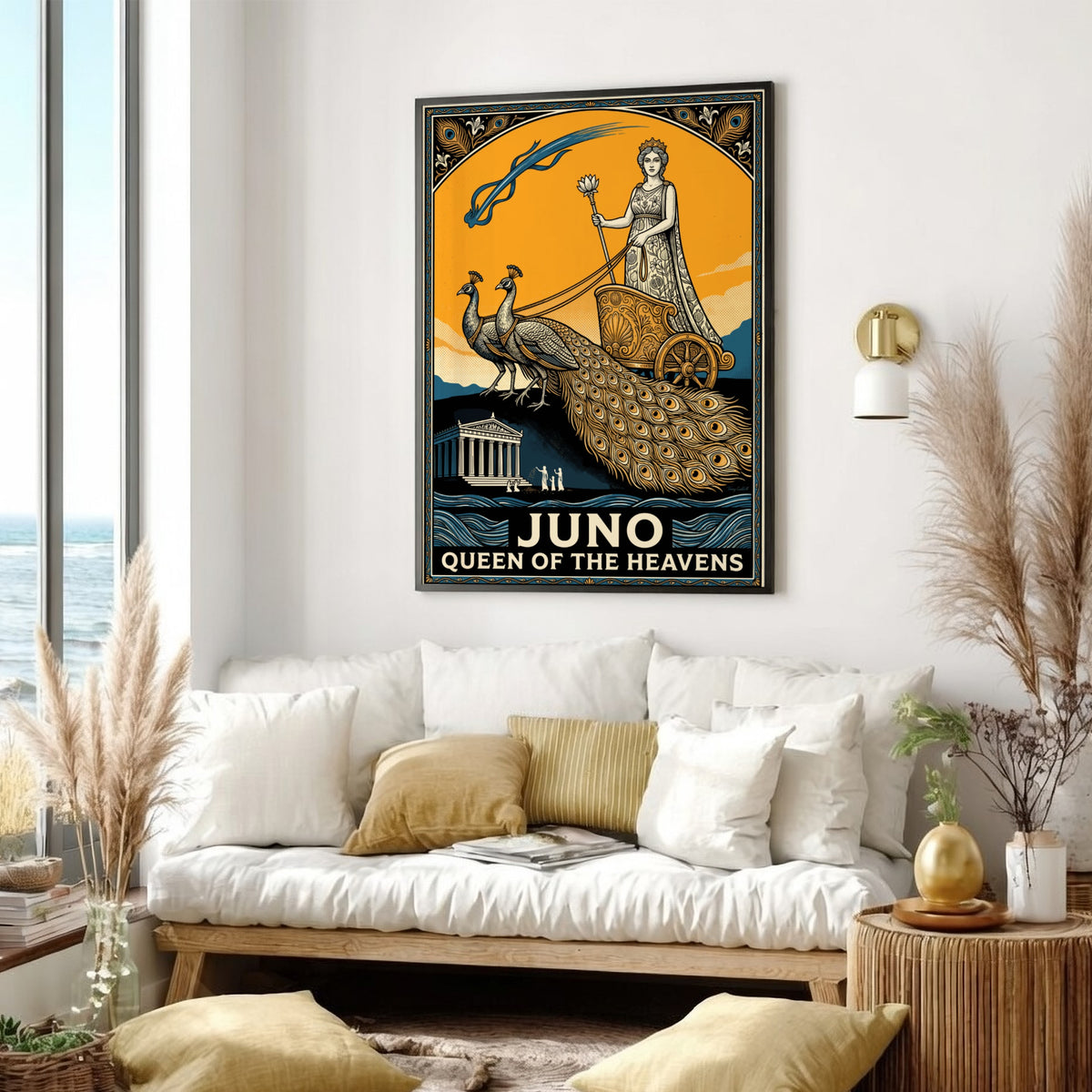 Poster featuring Juno as Queen of the Heavens riding a peacock chariot art style