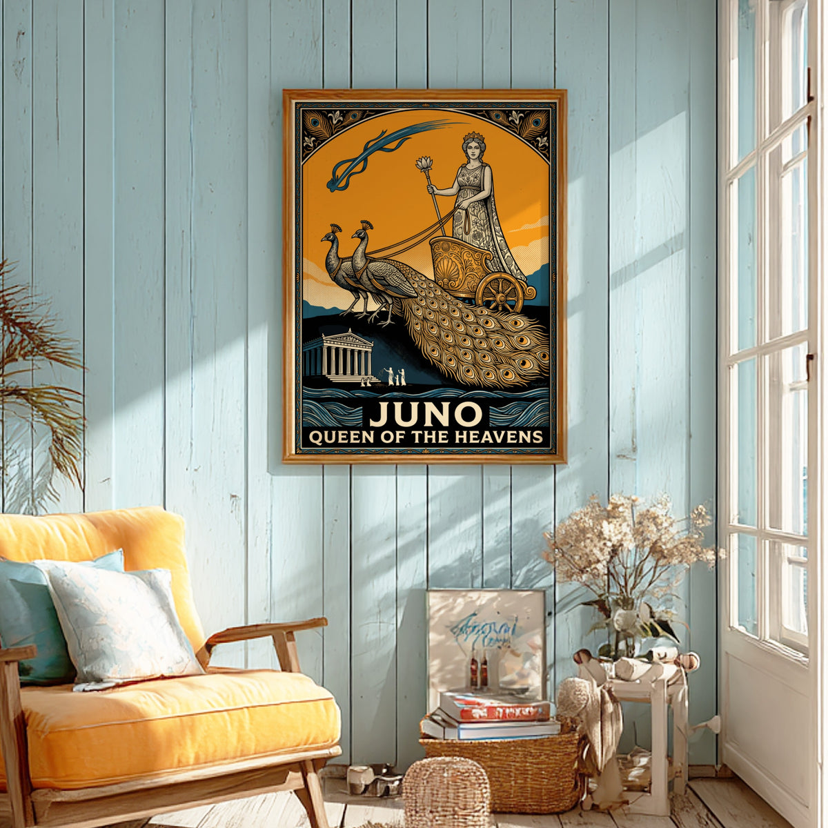 Poster featuring Juno as Queen of the Heavens riding a peacock chariot art style