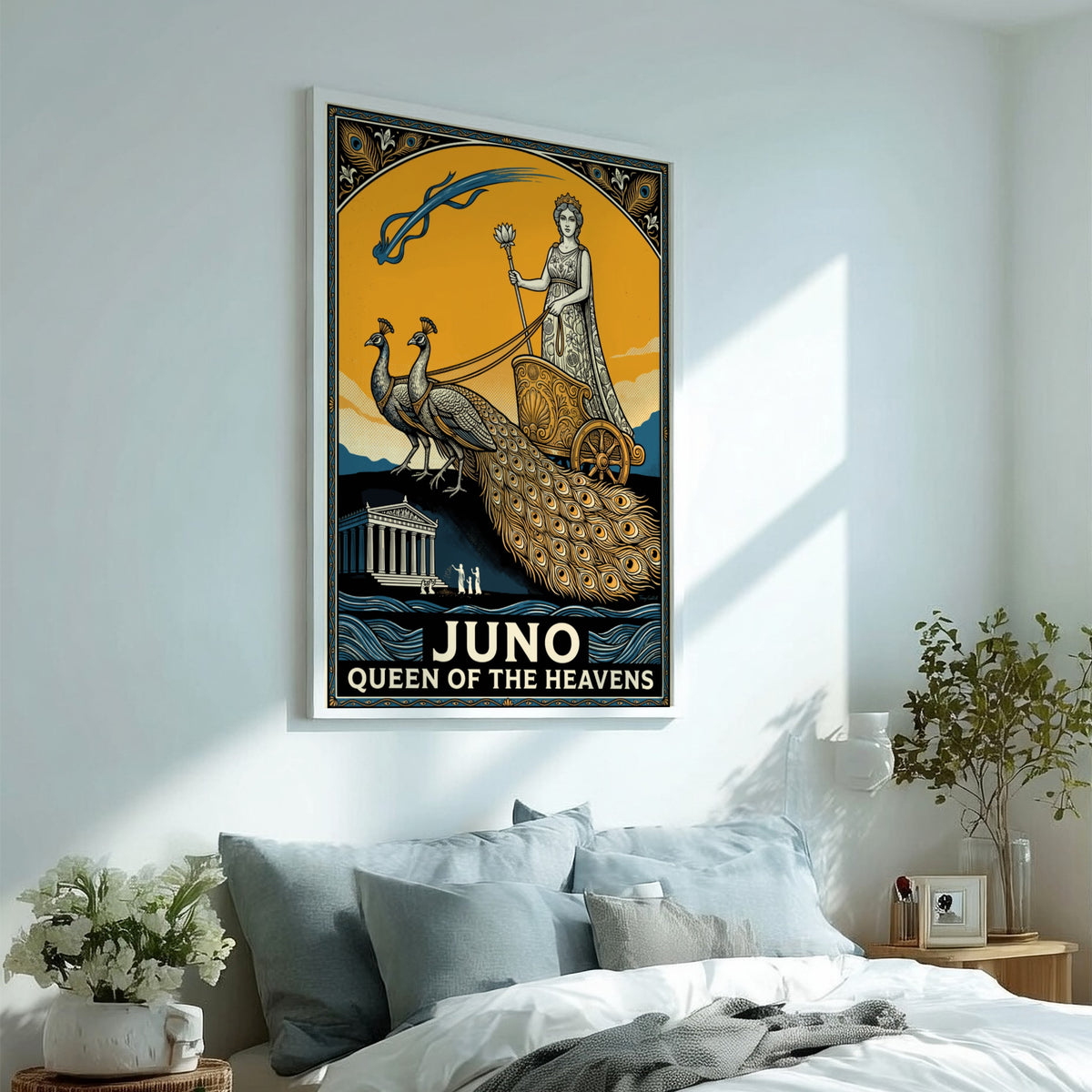 Poster featuring Juno as Queen of the Heavens riding a peacock chariot art style
