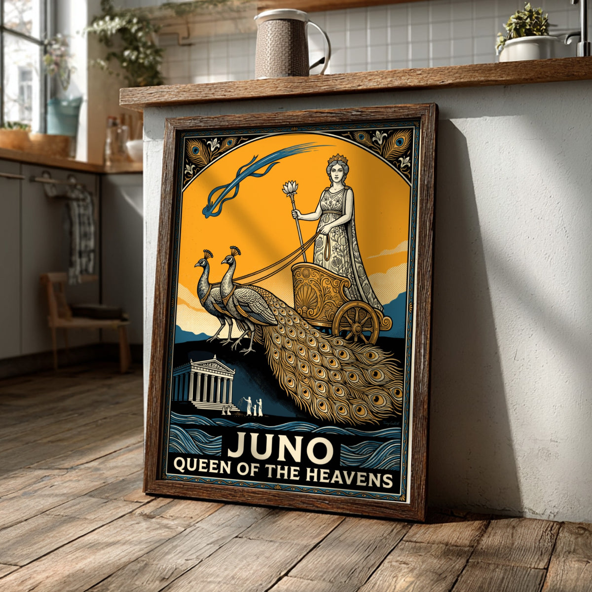 Poster featuring Juno as Queen of the Heavens riding a peacock chariot art style