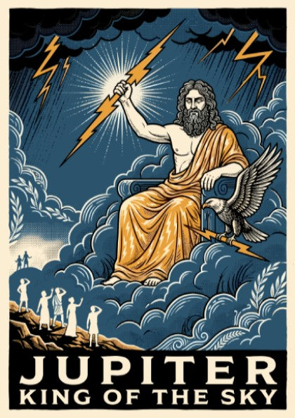 Poster featuring Jupiter holding a lightning bolt with an eagle on a throne