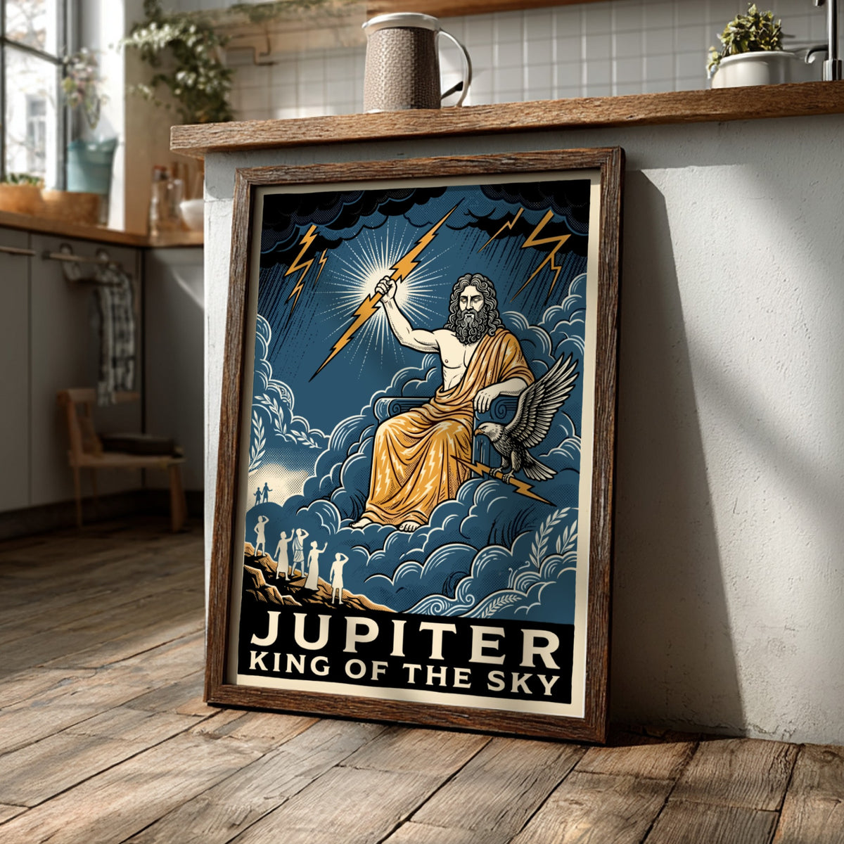 Poster featuring Jupiter holding a lightning bolt with an eagle on a throne