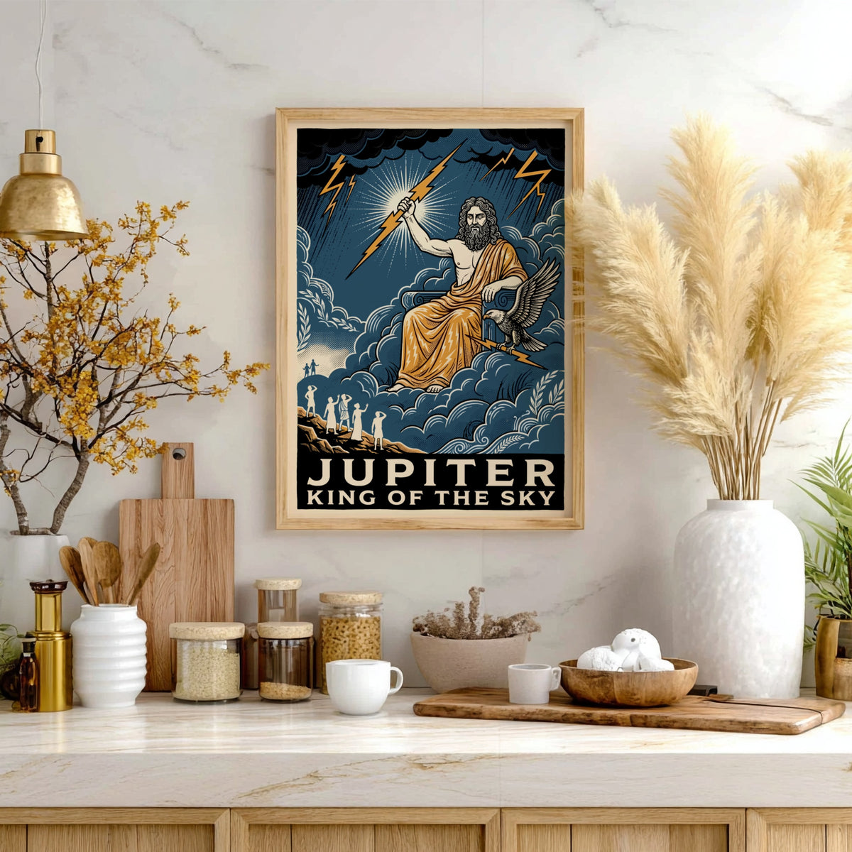 Poster featuring Jupiter holding a lightning bolt with an eagle on a throne
