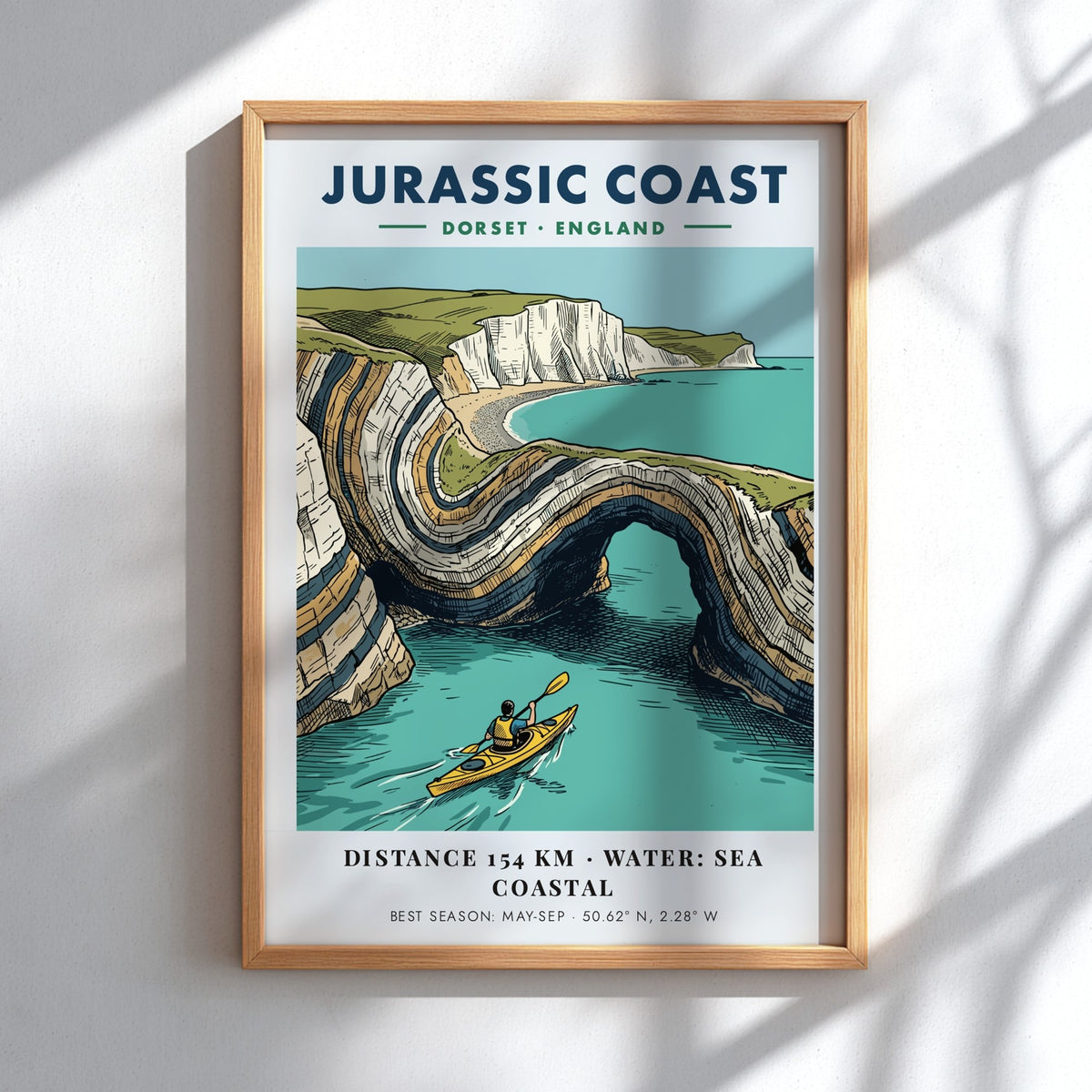 Poster featuring a kayaker paddling through the dramatic limestone arches of the Jurassic Coast.