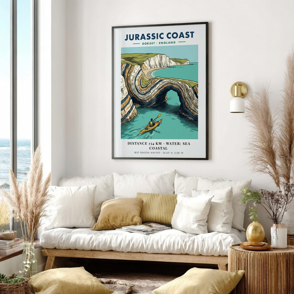 Poster featuring a kayaker paddling through the dramatic limestone arches of the Jurassic Coast.