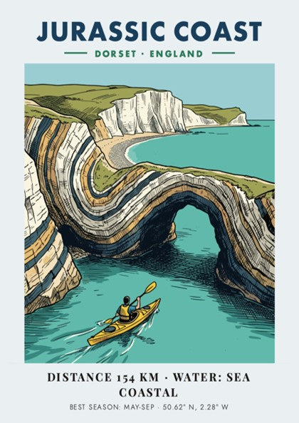 Poster featuring a kayaker paddling through the dramatic limestone arches of the Jurassic Coast.