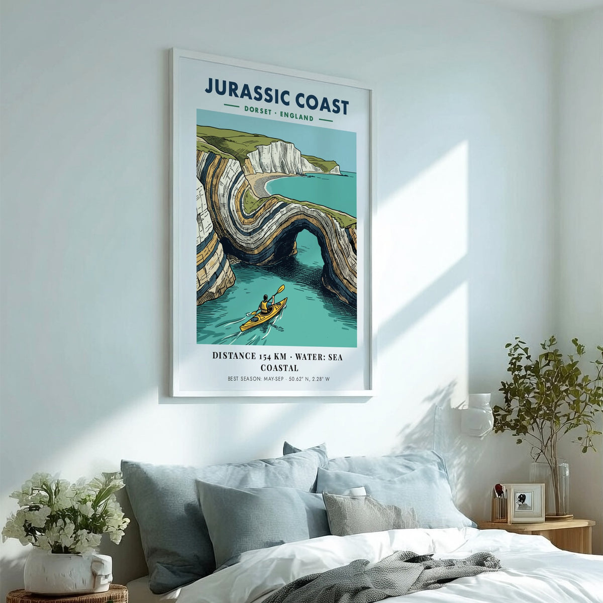 Poster featuring a kayaker paddling through the dramatic limestone arches of the Jurassic Coast.