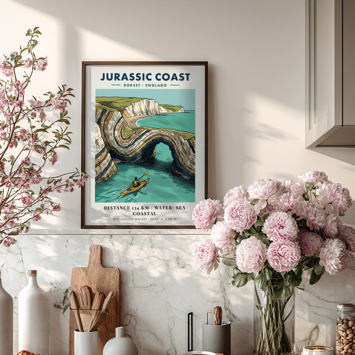 Poster featuring a kayaker paddling through the dramatic limestone arches of the Jurassic Coast.