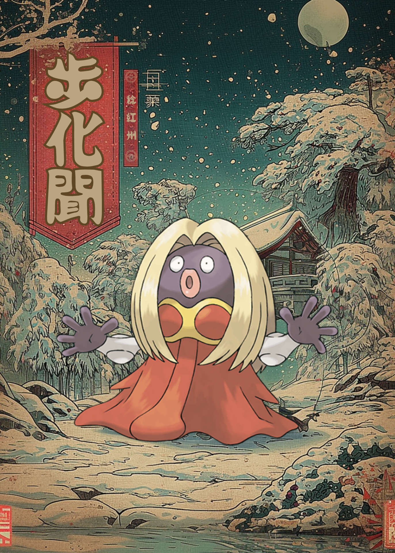 Jynx Pokemon in a snowy landscape with traditional Japanese elements