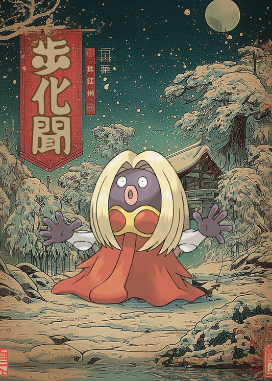 Jynx Pokemon in a snowy landscape with traditional Japanese elements