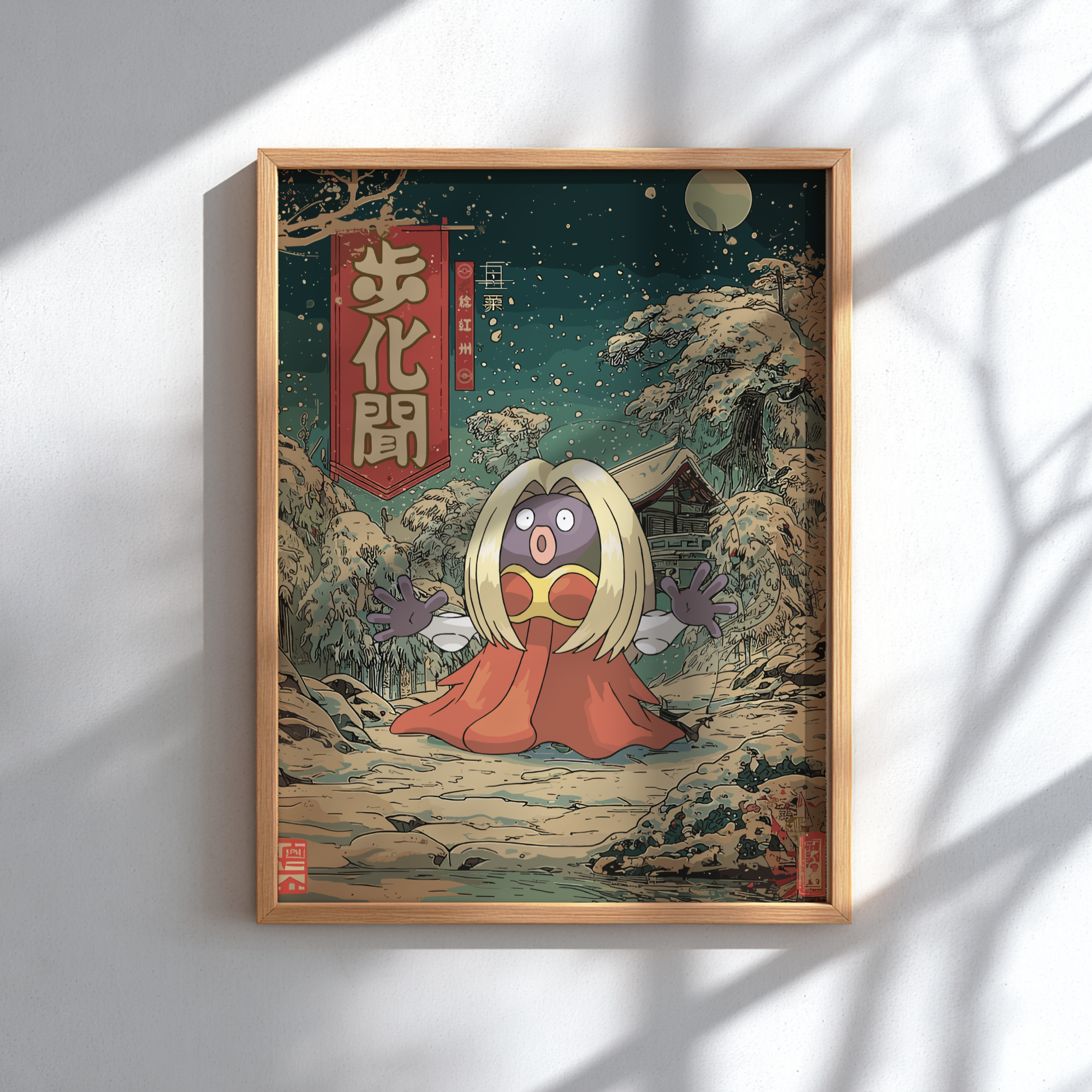 Framed artwork of Jynx Pokemon in a snowy landscape with traditional elements