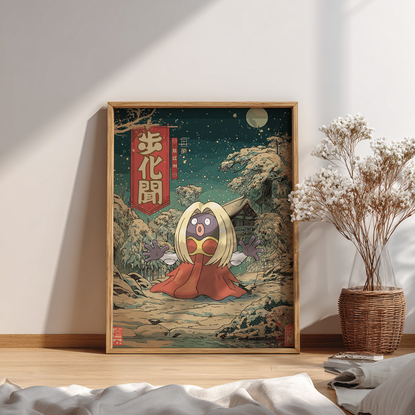 Framed artwork of Jynx Pokemon in a forest setting on a wall.