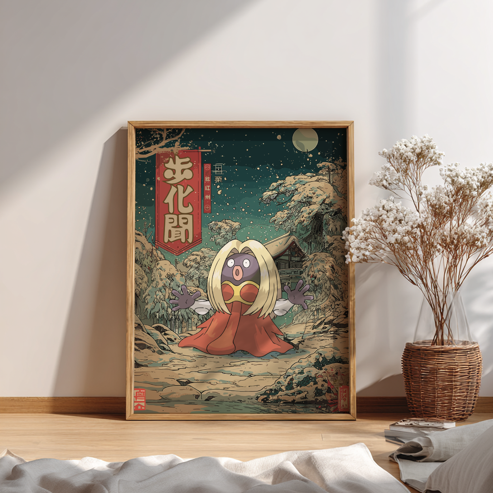 Framed artwork of Jynx Pokemon in a forest setting on a wall.