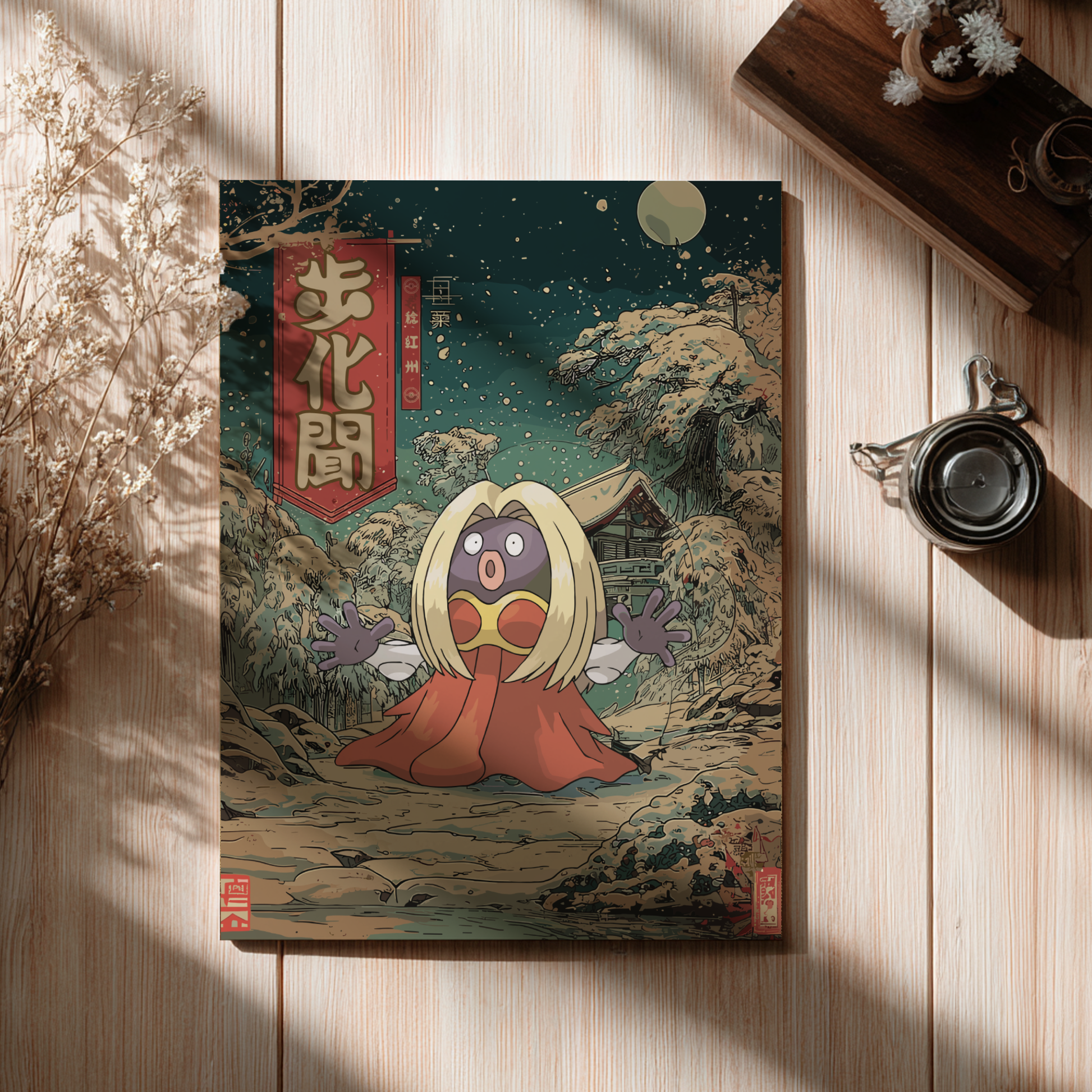 Illustrated poster with Jynx Pokemon in a traditional outfit on a wooden surface.