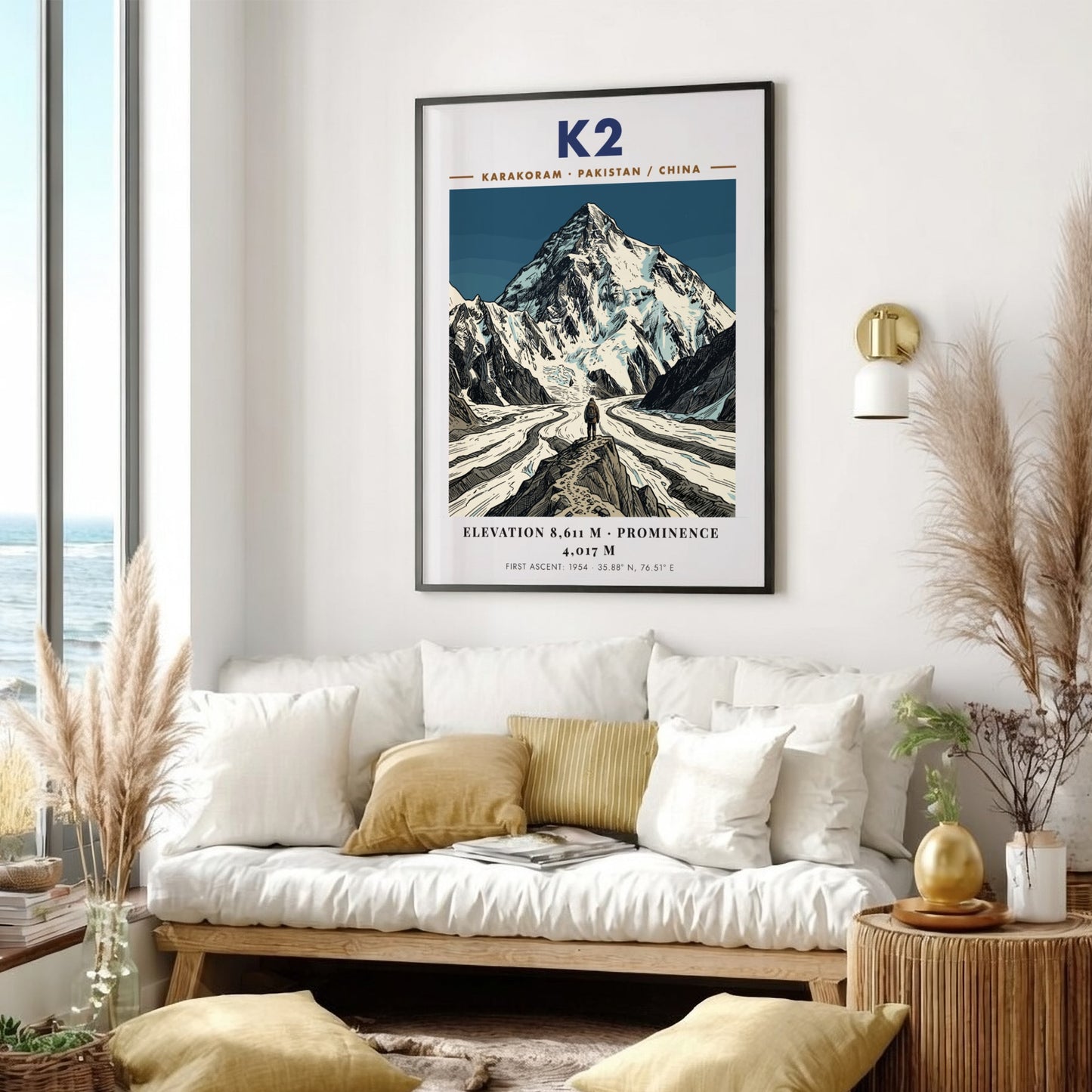 Poster featuring K2 mountain with deep blue tones and a climber in front.