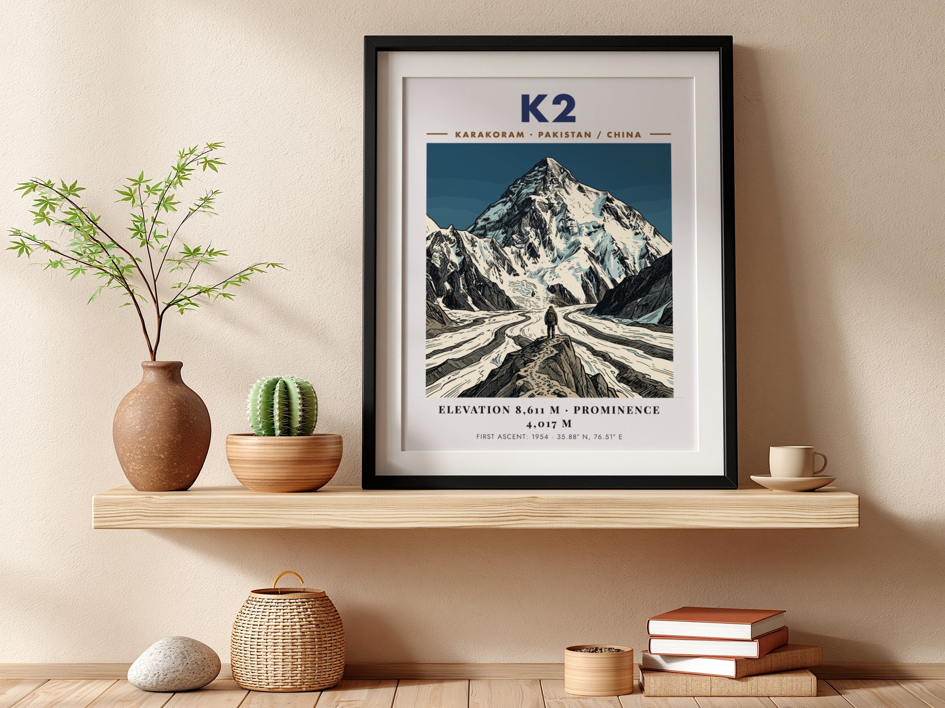 Poster featuring K2 mountain with deep blue tones and a climber in front.