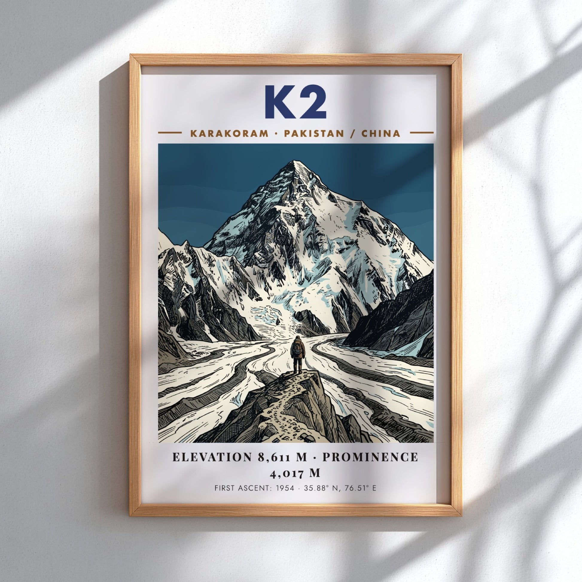 Poster featuring K2 mountain with deep blue tones and a climber in front.