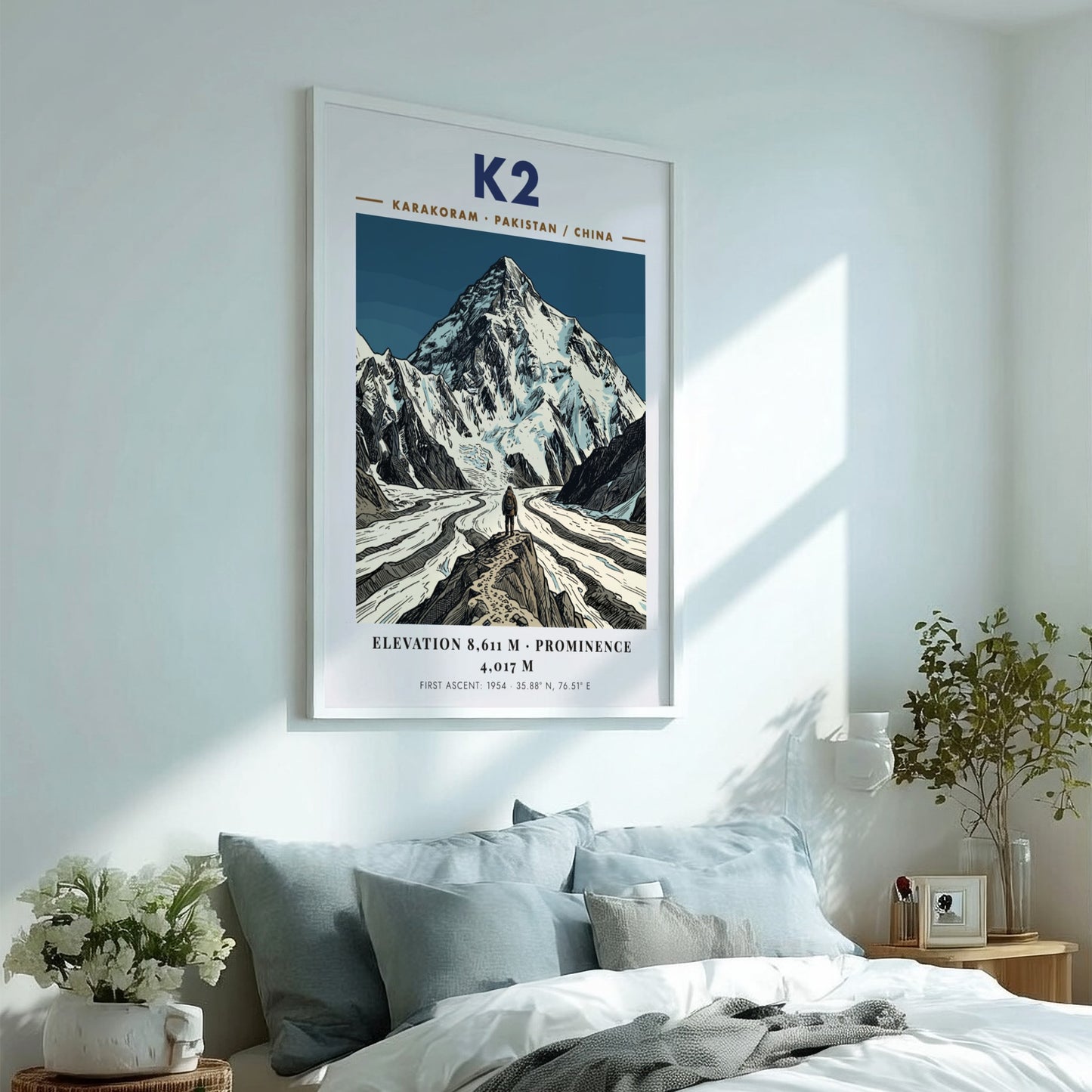 Poster featuring K2 mountain with deep blue tones and a climber in front.