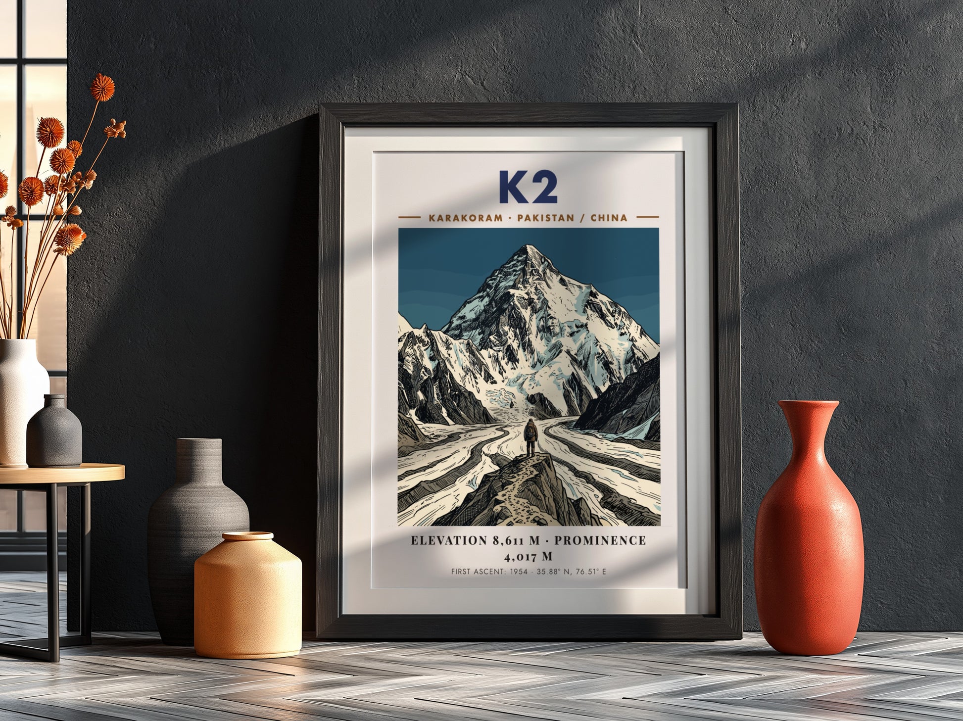 Poster featuring K2 mountain with deep blue tones and a climber in front.