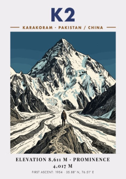 Poster featuring K2 mountain with deep blue tones and a climber in front.