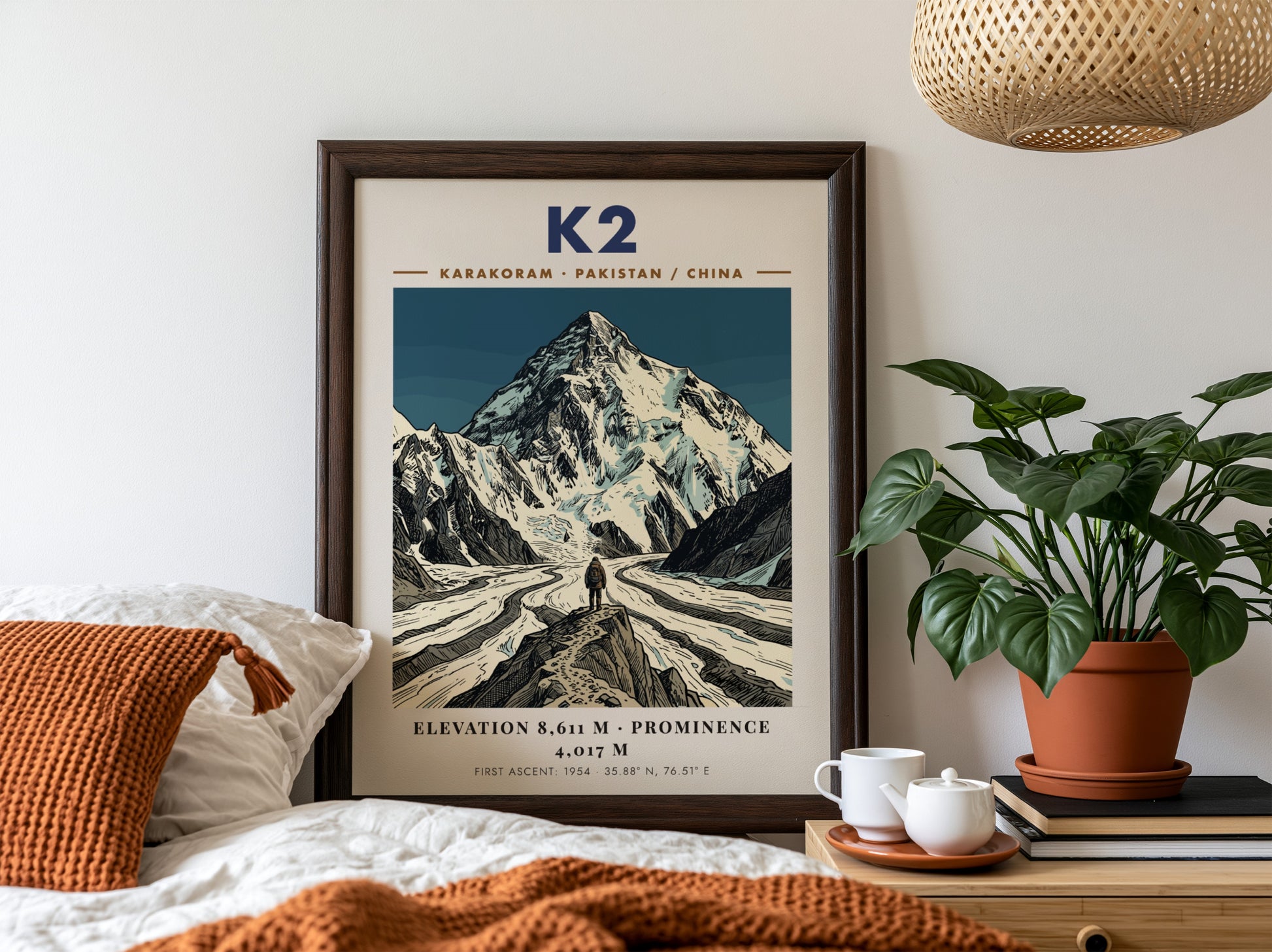 Poster featuring K2 mountain with deep blue tones and a climber in front.