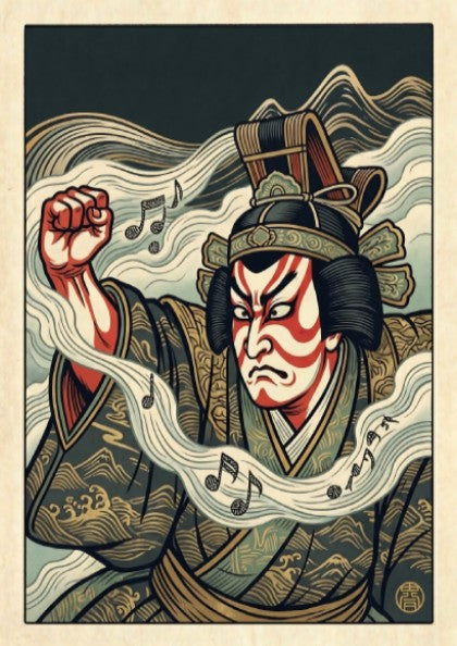 Kabuki actor waves poster featuring bold colors and traditional Japanese art style
